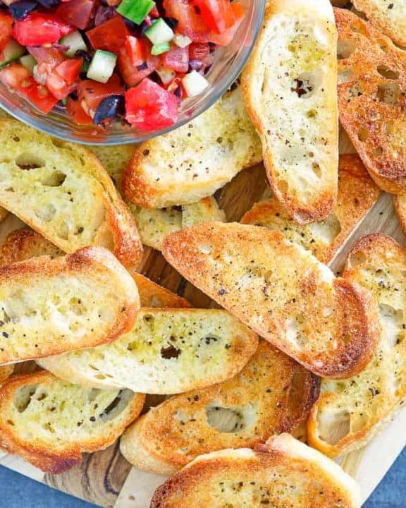 homemade crostini on a platter