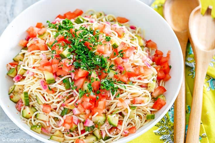 a bowl of homemade Luby's spaghetti salad