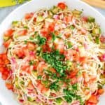 homemade Luby's spaghetti salad in a white serving bowl