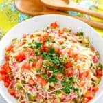a big bowl of cold spaghetti pasta salad