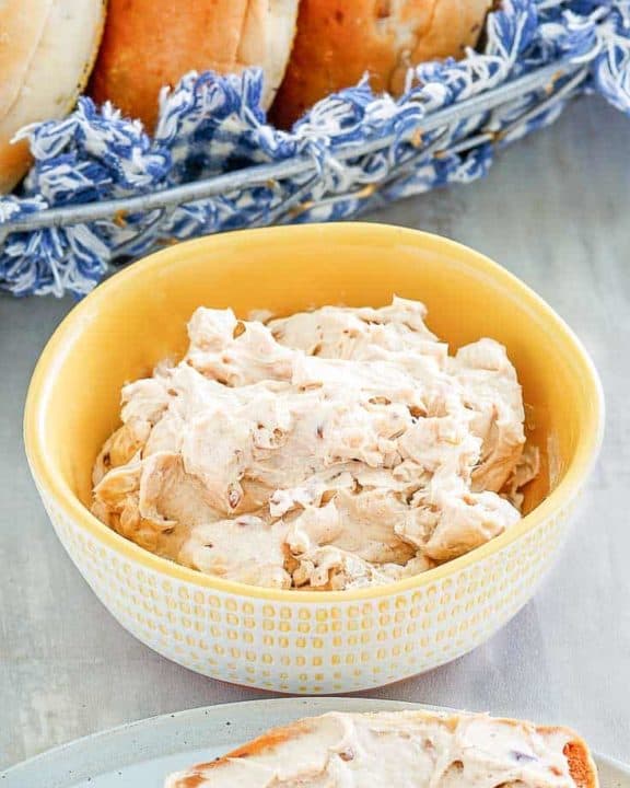 a bowl of homemade Panera honey walnut cream cheese