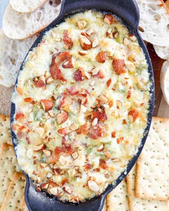 bacon Swiss dip with almonds and crackers