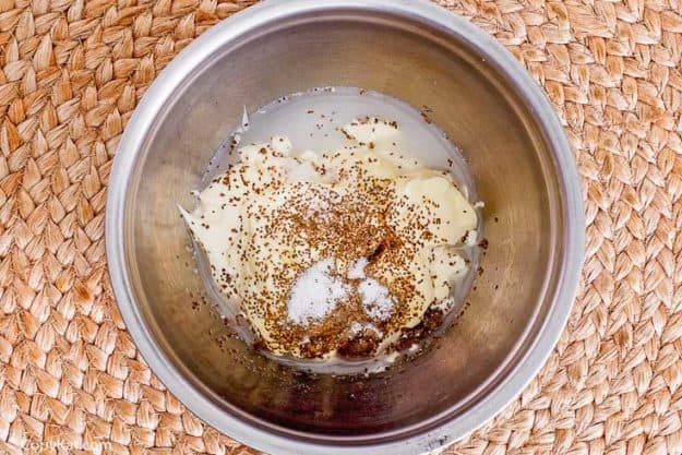 Captain D's cole slaw dressing ingredients in a mixing bowl