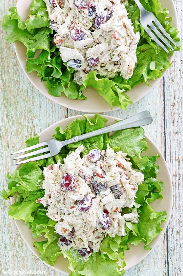 overhead view of two plates of homemade Fancy Nancy chicken salad