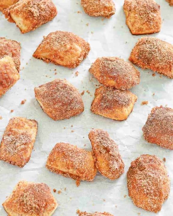 homemade cinnamon sugar pretzel bites on parchment paper