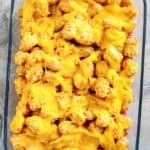 overhead view of a hamburger tater tot casserole in a baking dish