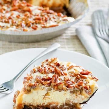a slice of homemade Baskin Robbins turtle ice cream pie