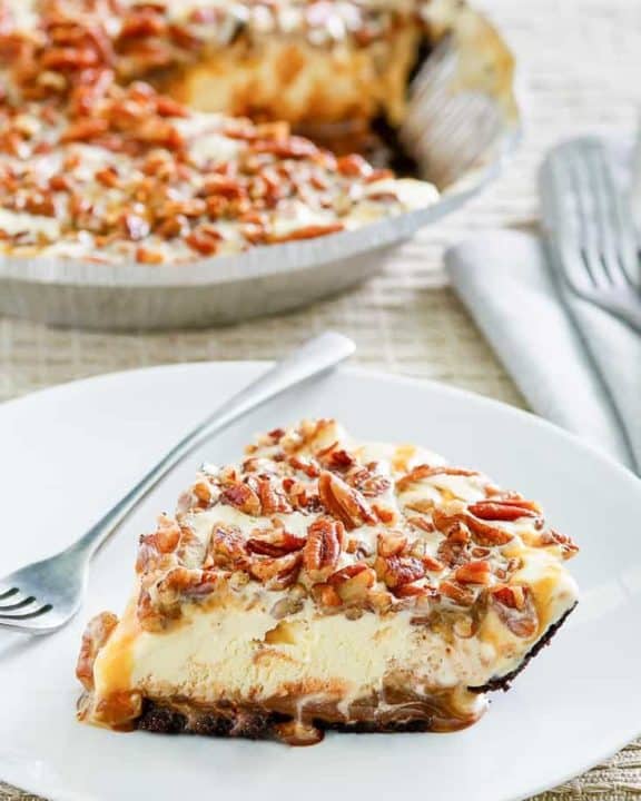 a slice of homemade Baskin Robbins turtle ice cream pie