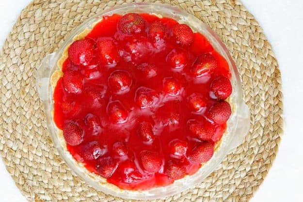 overhead view of a homemade Big Boy strawberry pie
