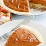 a slice of chocolate cream pie and a fork on a plate