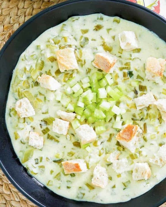 a bowl of chunky cream of celery soup