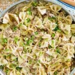 overhead view of homemade Hamburger Helper Beef Stroganoff in a skillet