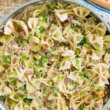 overhead view of homemade Hamburger Helper Beef Stroganoff in a skillet