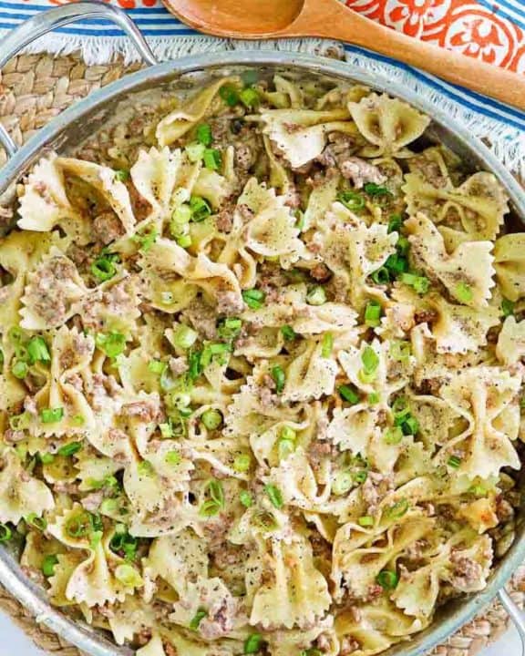 overhead view of homemade Hamburger Helper Beef Stroganoff in a skillet