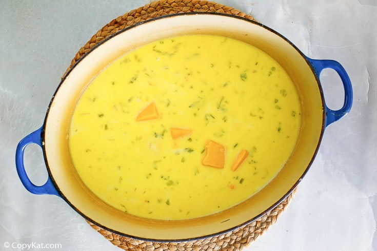 Canadian cheese soup broth mixture and cheese in a Dutch oven