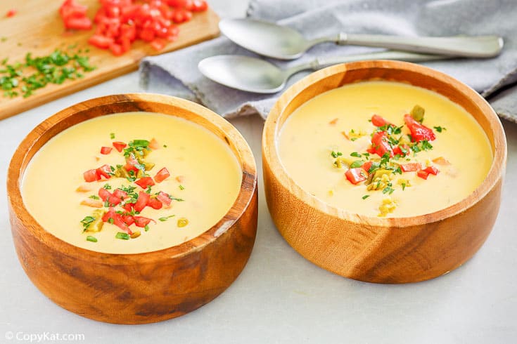 Homemade Houston's Canadian Cheese Soup in two wood bowls