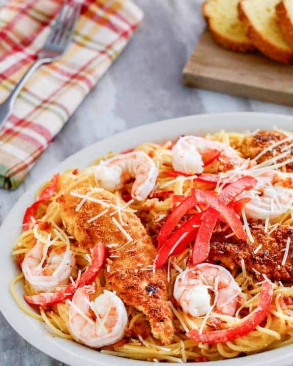 Homemade Olive Garden Chicken and Shrimp Carbonara on a plate
