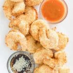 overhead view of air fryer shrimp tempura and dipping sauces