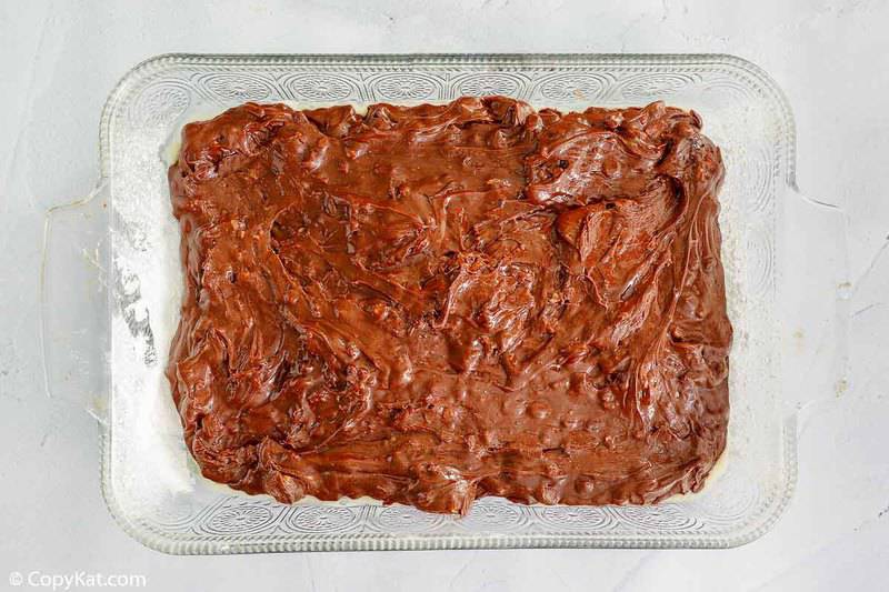 Bisquick brownie batter in a dish before baking