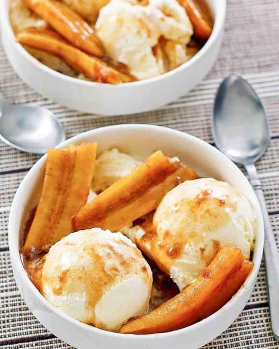 two bowls of homemade Brennan's bananas foster dessert
