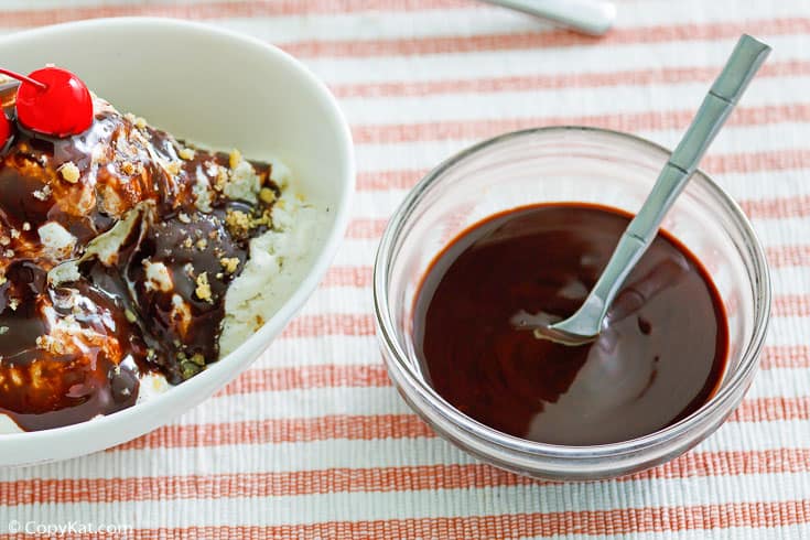 a bowl of homemade Hershey's chocolate syrup