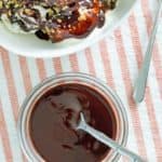 overhead view of homemade Hershey's chocolate syrup and an ice cream sundae