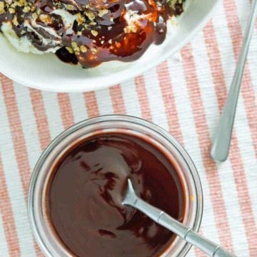 overhead view of homemade Hershey's chocolate syrup and an ice cream sundae