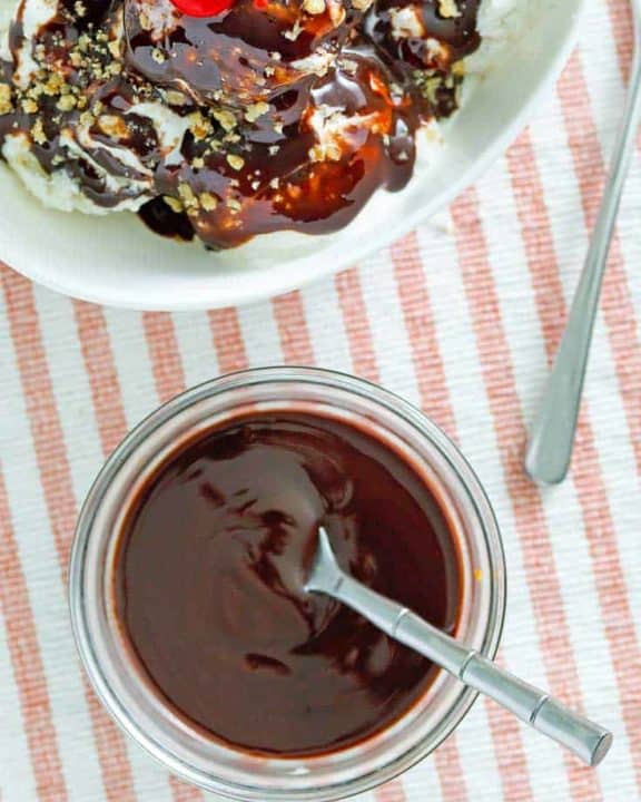 overhead view of homemade Hershey's chocolate syrup and an ice cream sundae