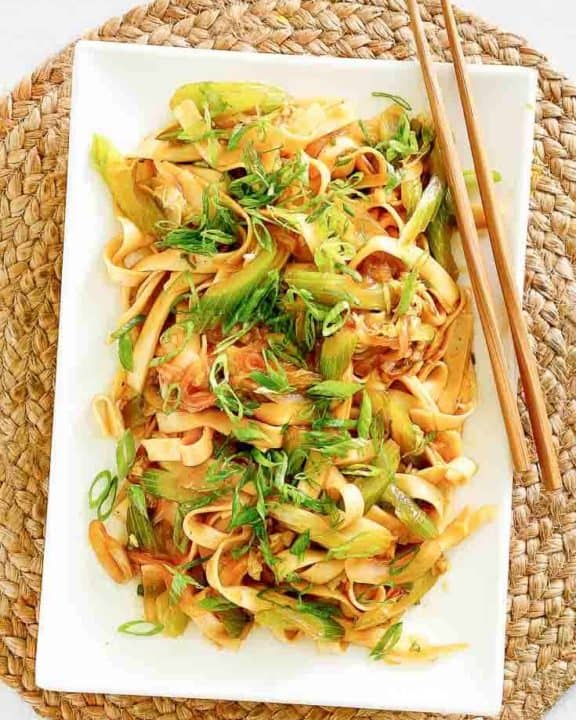 overhead view of homemade Panda Express chow mein on a platter