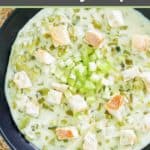 a bowl of celery soup with croutons on top