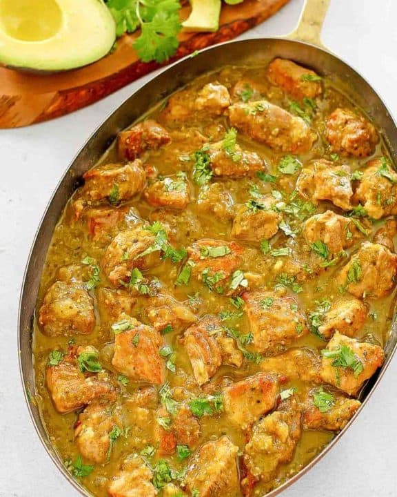overhead view of chili verde in a skillet