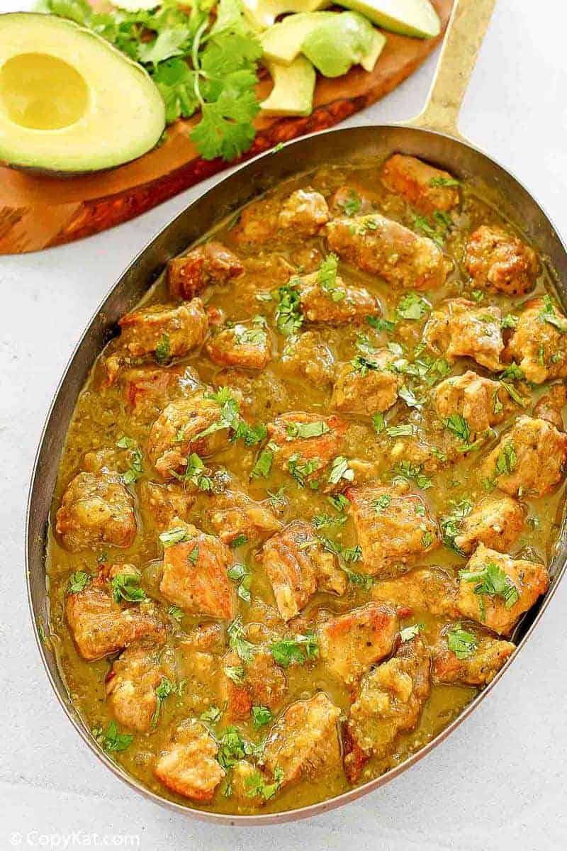 overhead view of chili verde in a skillet