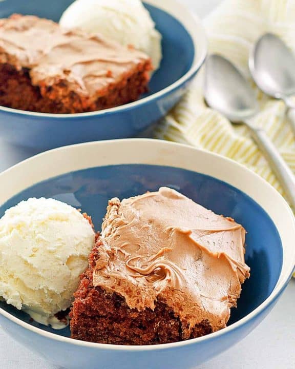 two bowls of homemade chocolate Coca Cola cake and vanilla ice cream