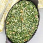 overhead view of homemade Lawry's creamed spinach in a serving dish