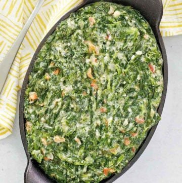 overhead view of homemade Lawry's creamed spinach in a serving dish