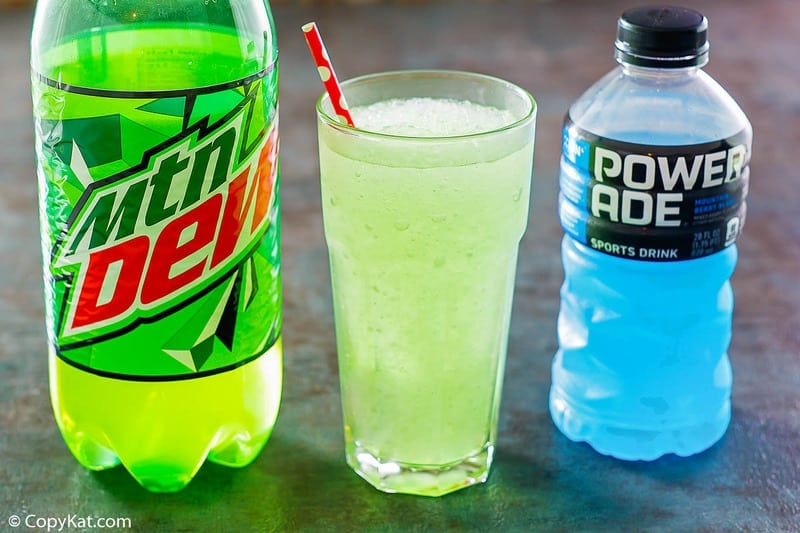 homemade Taco Bell Baja Blast Freeze, Mountain Dew, and Powerade