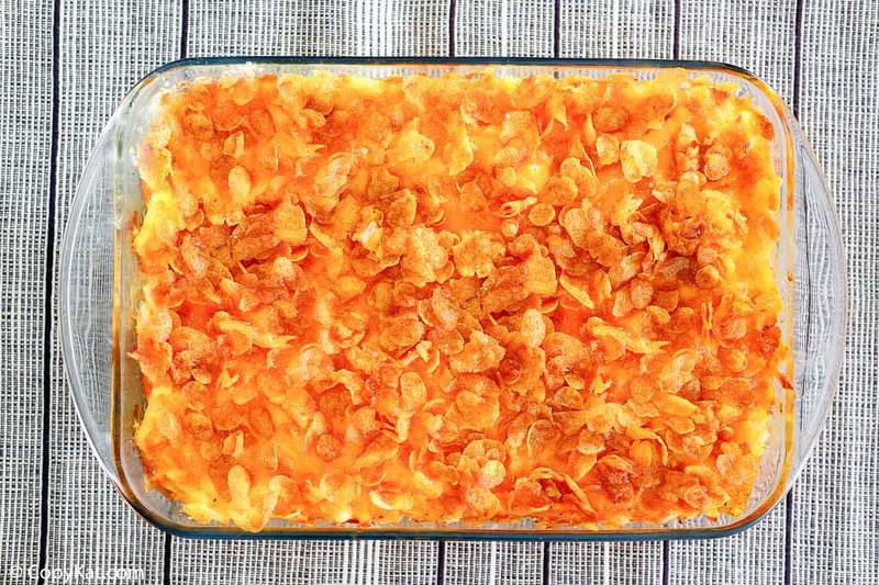 cheesy hash brown potato casserole in a baking dish