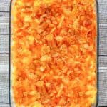 cheese hashbrown casserole in a baking dish