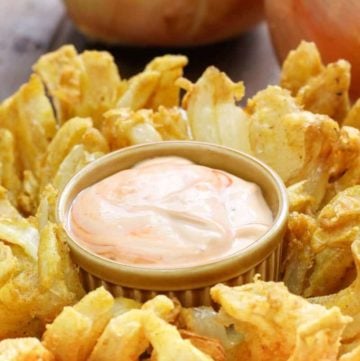 Homemade Chili's Awesome Blossom Dipping Sauce and a blooming onion