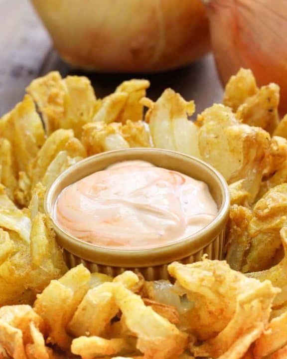 Homemade Chili's Awesome Blossom Dipping Sauce and a blooming onion