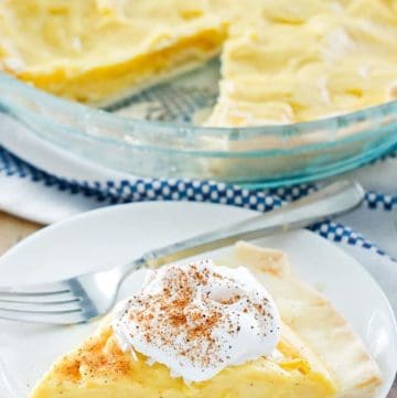 eggnog pie slice on a plate in front of the pie