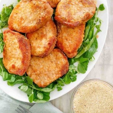 overhead view of homemade Shake and Bake pork chops and breading mix