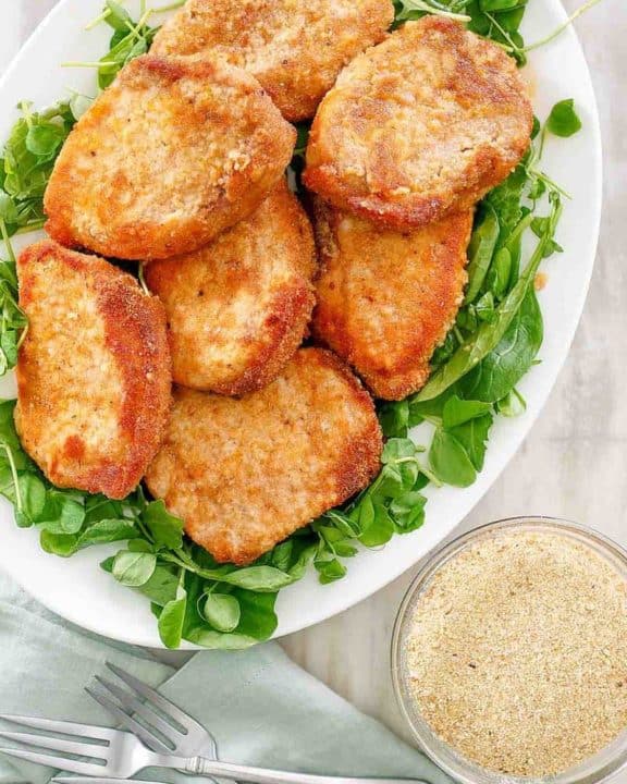 overhead view of homemade Shake and Bake pork chops and breading mix