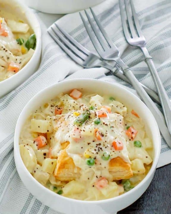 a bowl of homemade Jason's Deli chicken pot pie soup