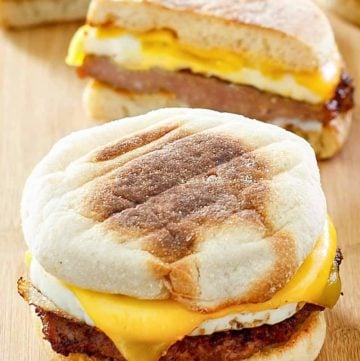 two homemade McDonald's Sausage Egg McMuffins