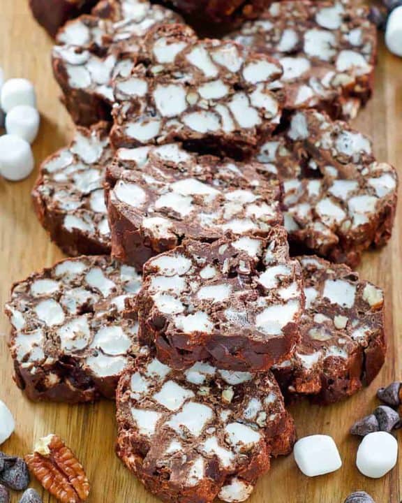 rocky road candy slices, pecans, marshmallows, and chocolate chips
