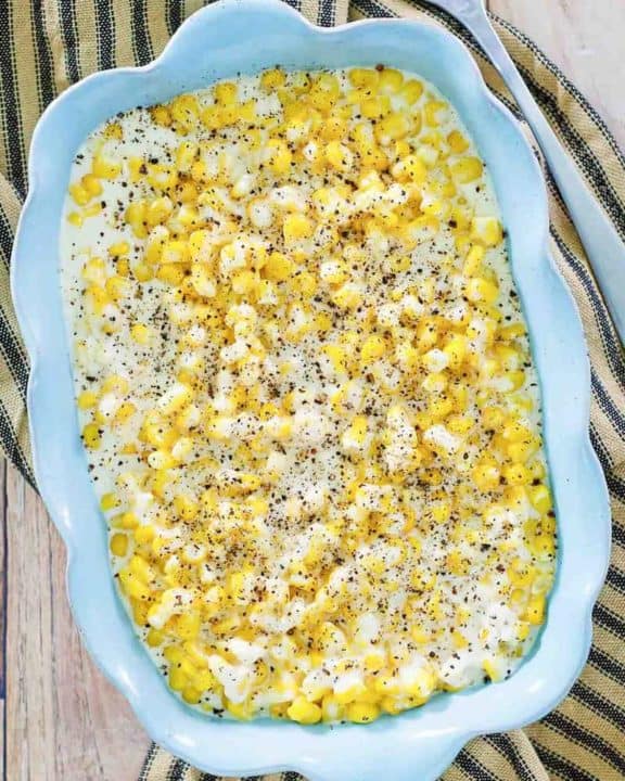 overhead view of homemade Rudy's creamed corn in a serving dish
