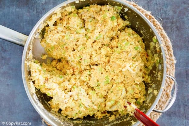 southern cornbread dressing mixture in a pan