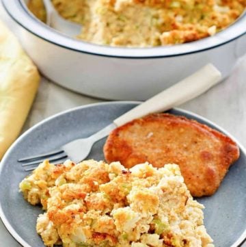 southern cornbread dressing on a plate and in a baking dish