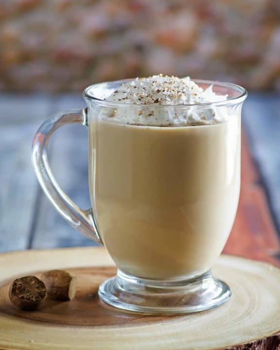 homemade Starbucks eggnog latte in a glass mug